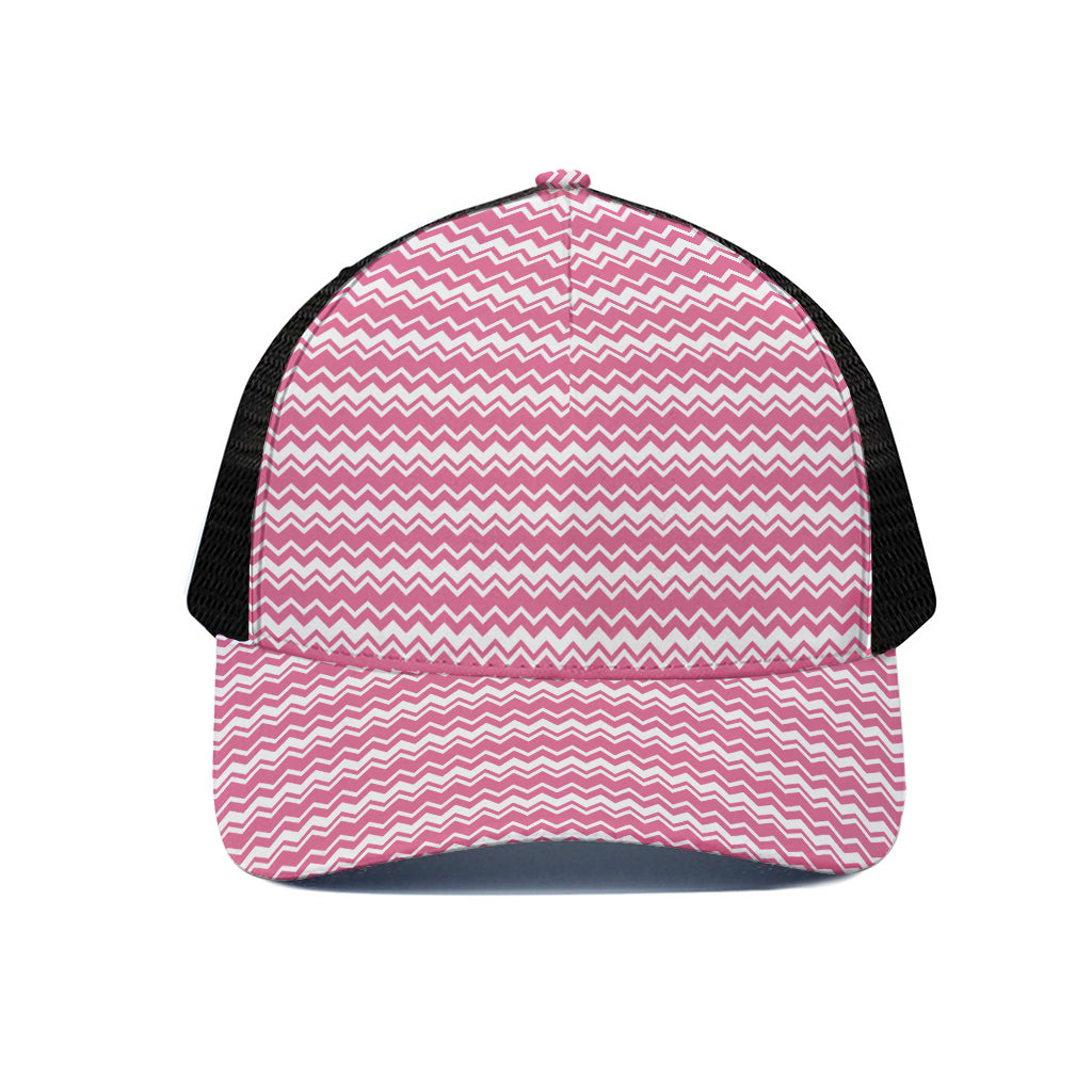 Pink And White Zigzag Pattern Print Black Mesh Trucker Cap