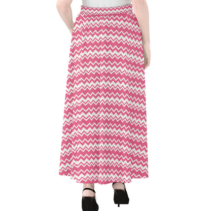 Pink And White Zigzag Pattern Print Chiffon Maxi Skirt