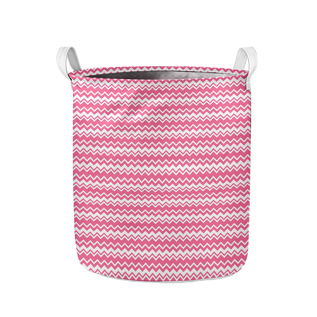 Pink And White Zigzag Pattern Print Collapsible Laundry Basket