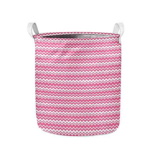 Pink And White Zigzag Pattern Print Collapsible Laundry Basket