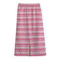 Pink And White Zigzag Pattern Print Cotton Front Slit Maxi Skirt