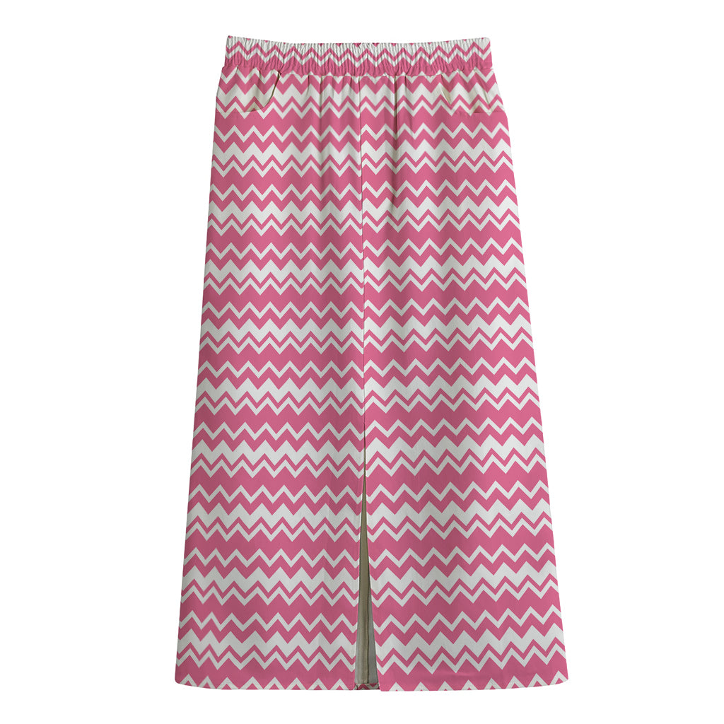 Pink And White Zigzag Pattern Print Cotton Front Slit Maxi Skirt