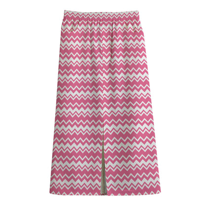 Pink And White Zigzag Pattern Print Cotton Front Slit Maxi Skirt