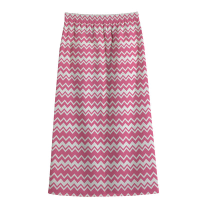 Pink And White Zigzag Pattern Print Cotton Front Slit Maxi Skirt