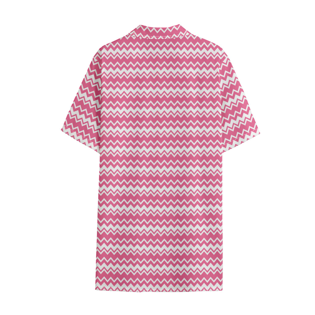 Pink And White Zigzag Pattern Print Cotton Hawaiian Shirt