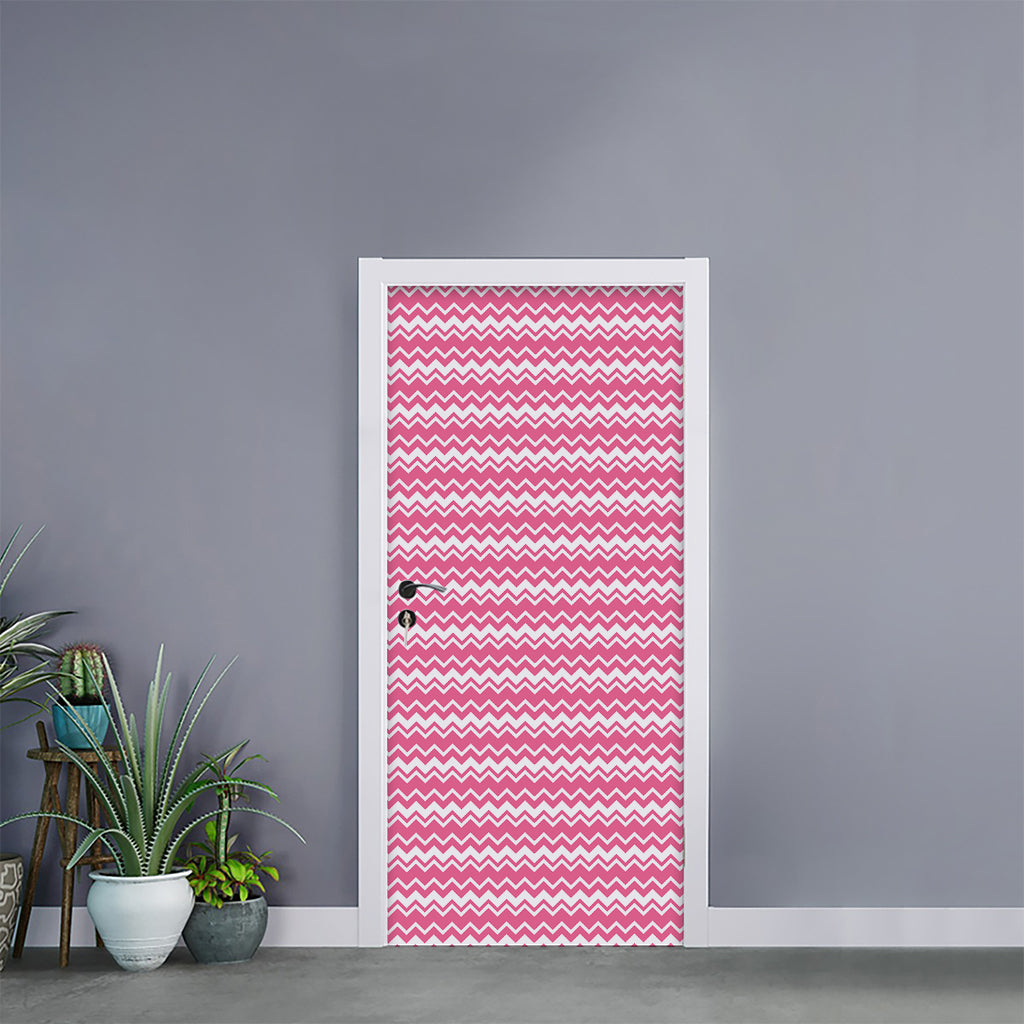 Pink And White Zigzag Pattern Print Door Sticker