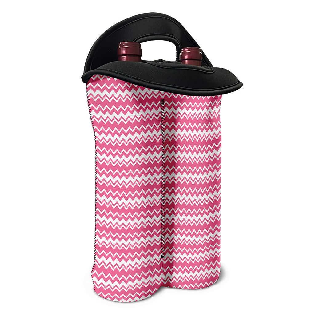 Pink And White Zigzag Pattern Print Double Neoprene Wine Tote