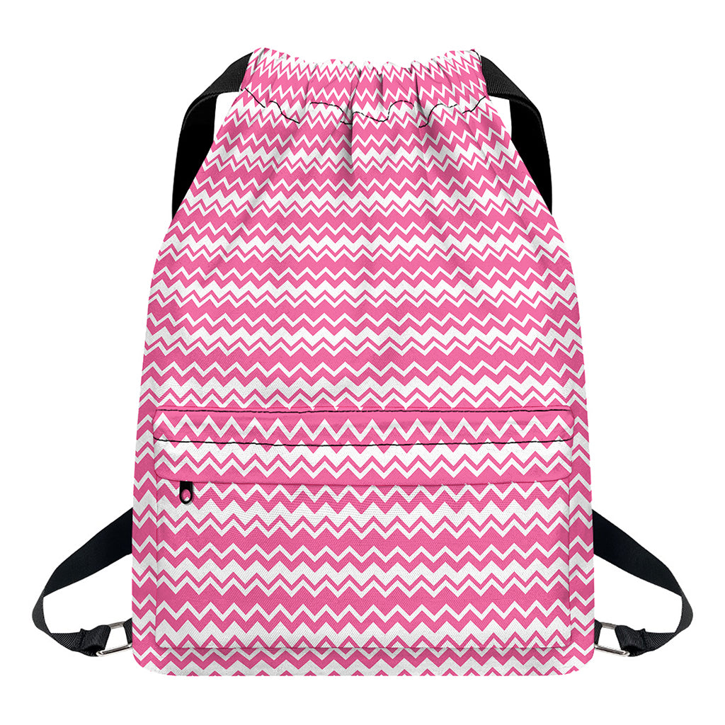 Pink And White Zigzag Pattern Print Drawstring Backpack