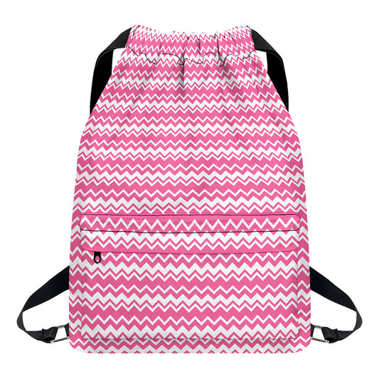 Pink And White Zigzag Pattern Print Drawstring Backpack