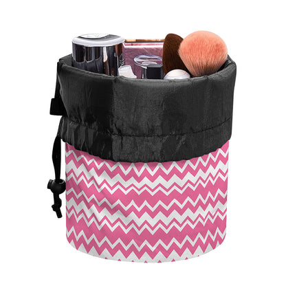Pink And White Zigzag Pattern Print Drawstring Makeup Bag