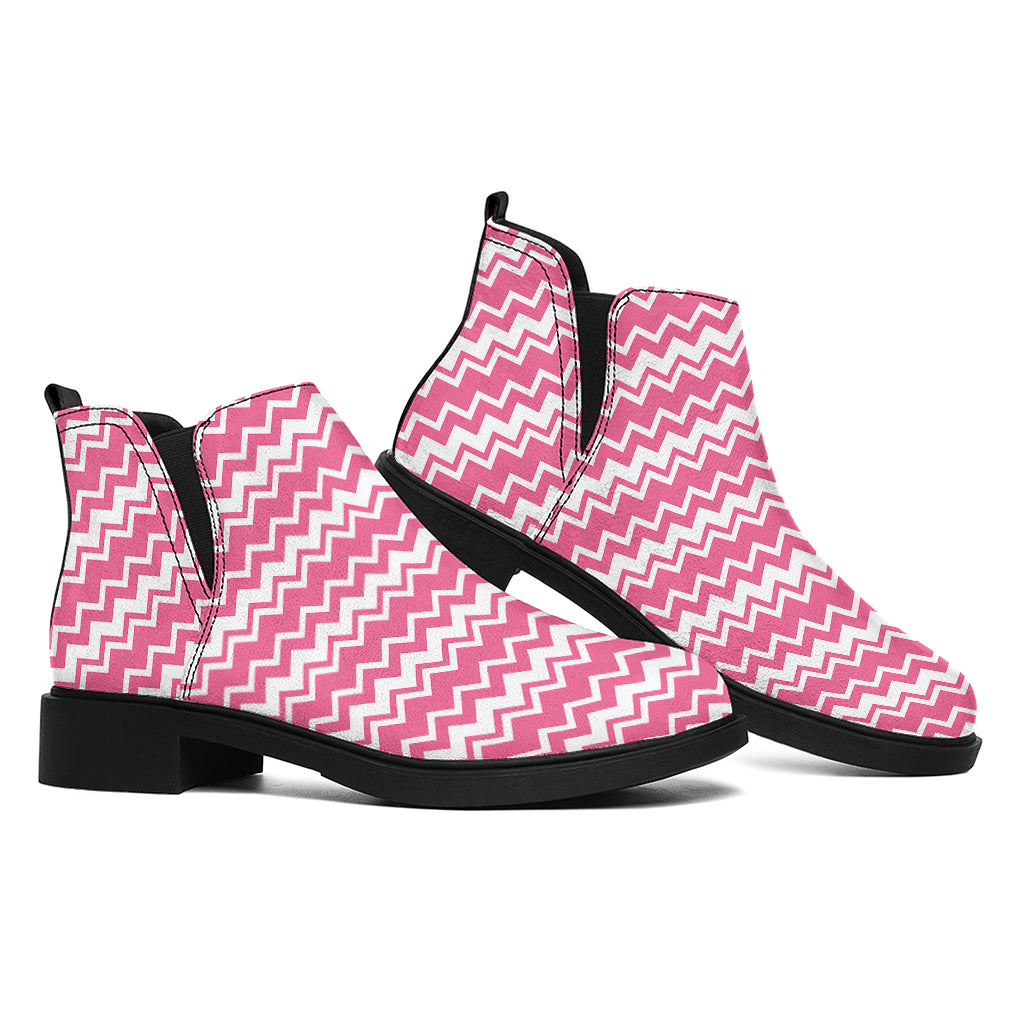 Pink And White Zigzag Pattern Print Flat Ankle Boots