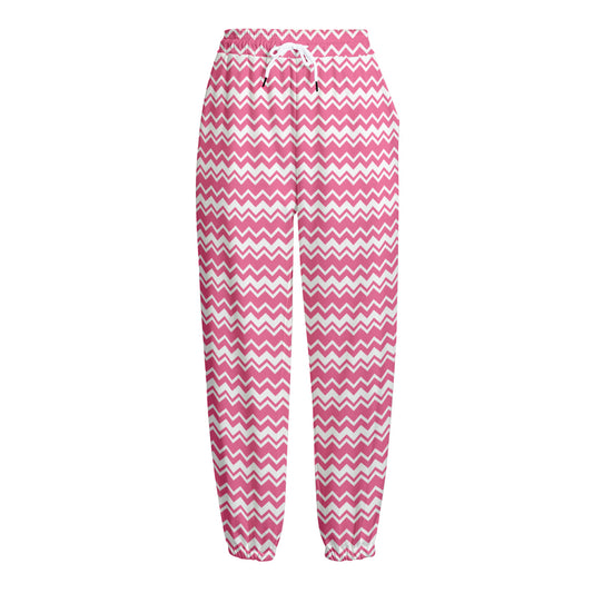 Pink And White Zigzag Pattern Print Fleece Lined Knit Pants