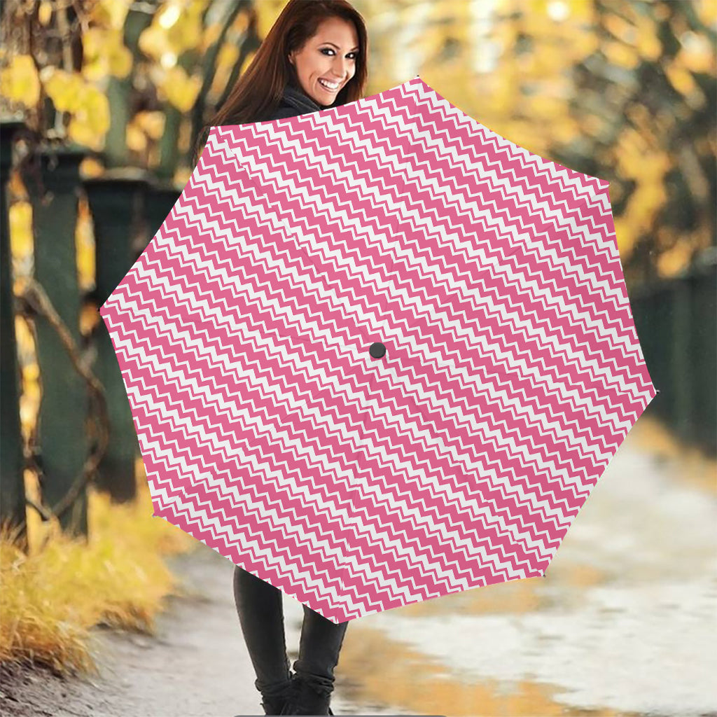 Pink And White Zigzag Pattern Print Foldable Umbrella
