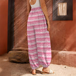 Pink And White Zigzag Pattern Print Harem Pants