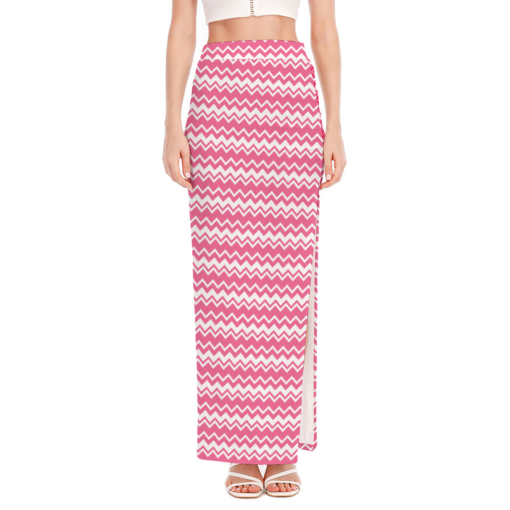 Pink And White Zigzag Pattern Print High Slit Maxi Skirt