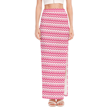 Pink And White Zigzag Pattern Print High Slit Maxi Skirt