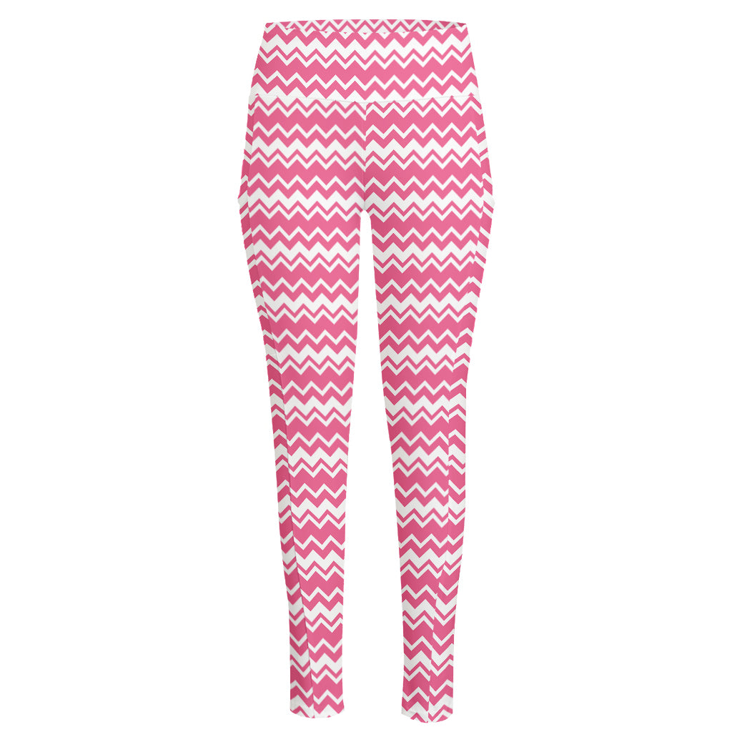 Pink And White Zigzag Pattern Print High-Waisted Pocket Leggings