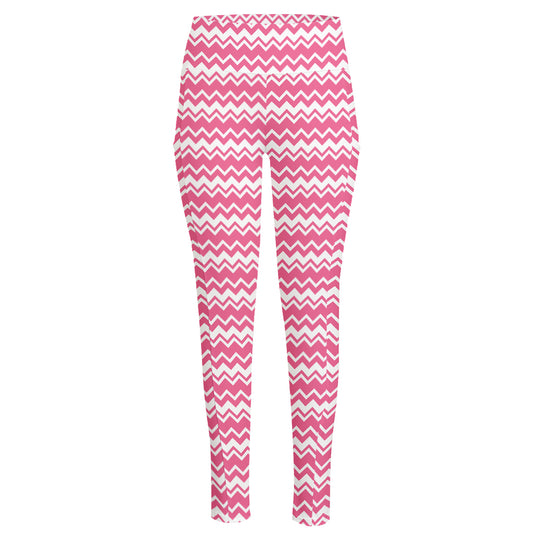 Pink And White Zigzag Pattern Print High-Waisted Pocket Leggings
