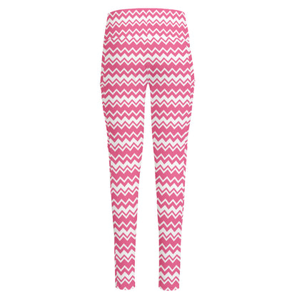 Pink And White Zigzag Pattern Print High-Waisted Pocket Leggings