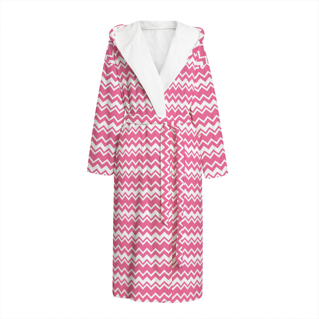 Pink And White Zigzag Pattern Print Hooded Bathrobe