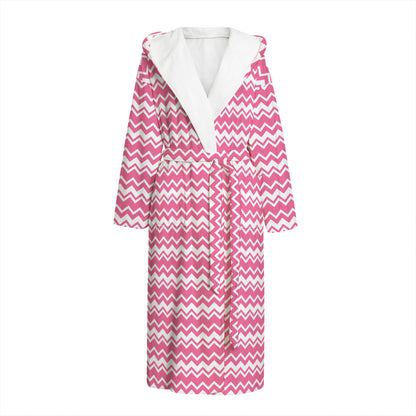 Pink And White Zigzag Pattern Print Hooded Bathrobe