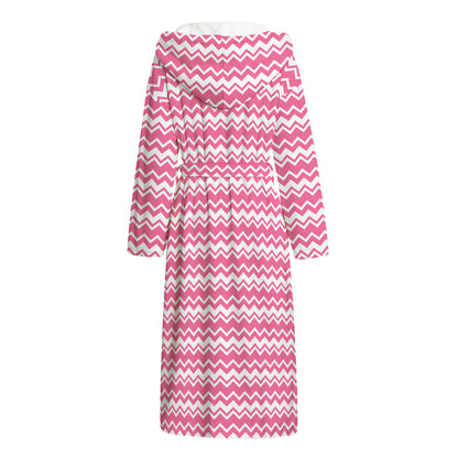 Pink And White Zigzag Pattern Print Hooded Bathrobe
