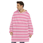 Pink And White Zigzag Pattern Print Hoodie Blanket