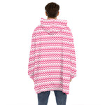 Pink And White Zigzag Pattern Print Hoodie Blanket
