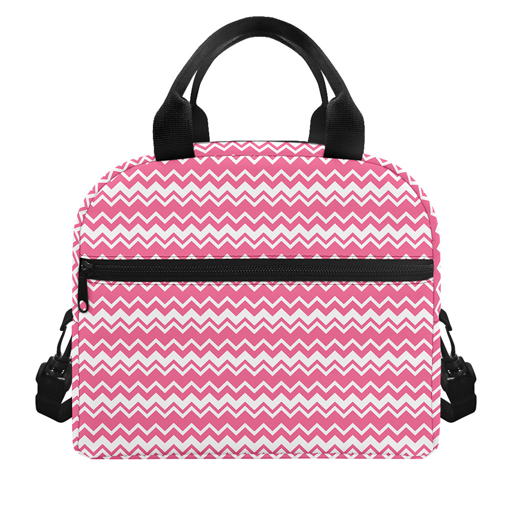 Pink And White Zigzag Pattern Print Insulated Lunch Bag