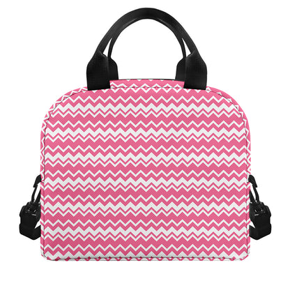 Pink And White Zigzag Pattern Print Insulated Lunch Bag