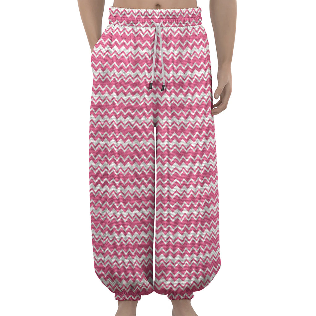 Pink And White Zigzag Pattern Print Lantern Pants