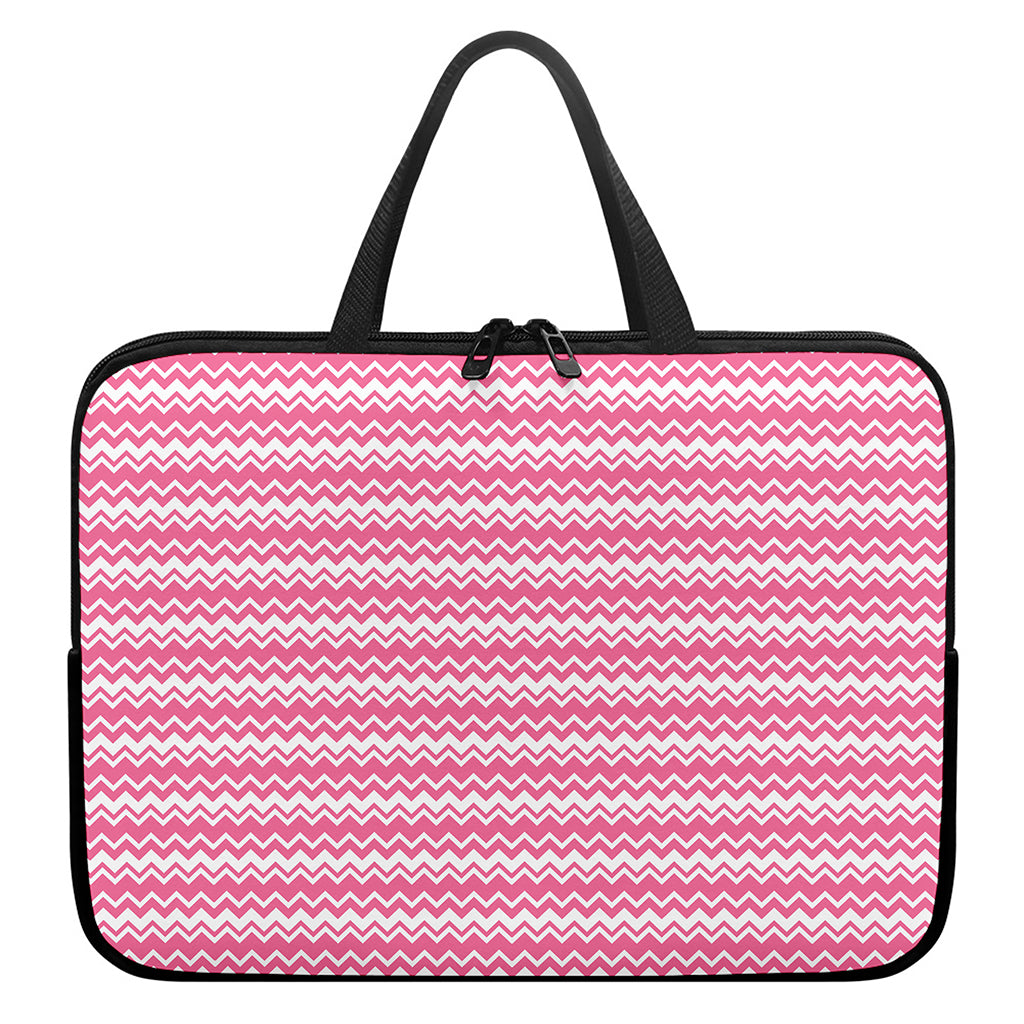 Pink And White Zigzag Pattern Print Laptop Sleeve With Handle