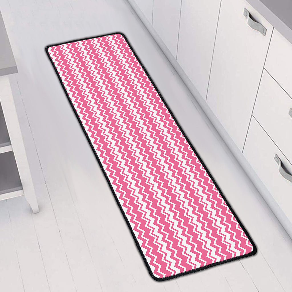 Pink And White Zigzag Pattern Print Long Kitchen Mat