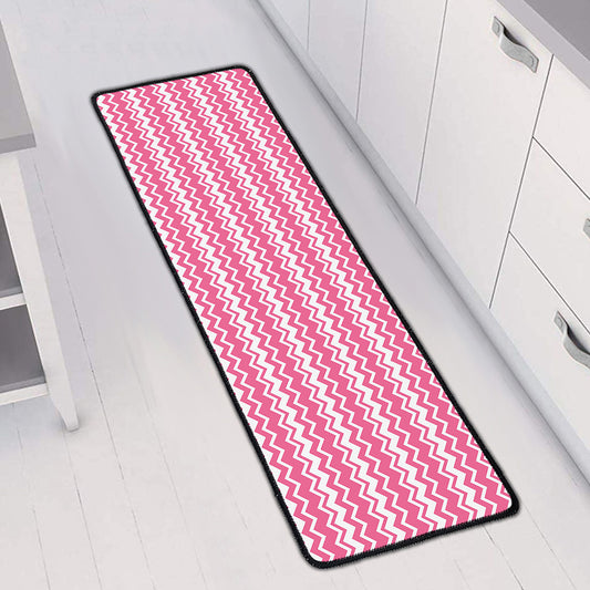 Pink And White Zigzag Pattern Print Long Kitchen Mat