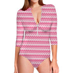 Pink And White Zigzag Pattern Print Long Sleeve Swimsuit