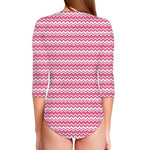 Pink And White Zigzag Pattern Print Long Sleeve Swimsuit