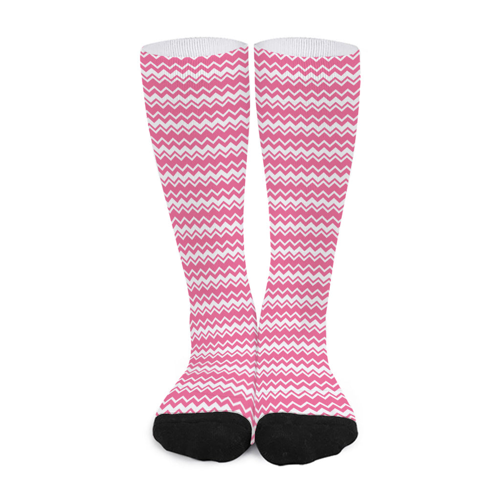 Pink And White Zigzag Pattern Print Long Socks