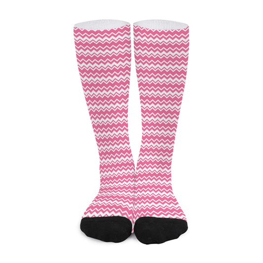 Pink And White Zigzag Pattern Print Long Socks