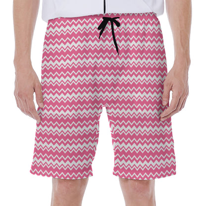 Pink And White Zigzag Pattern Print Men's Beach Shorts