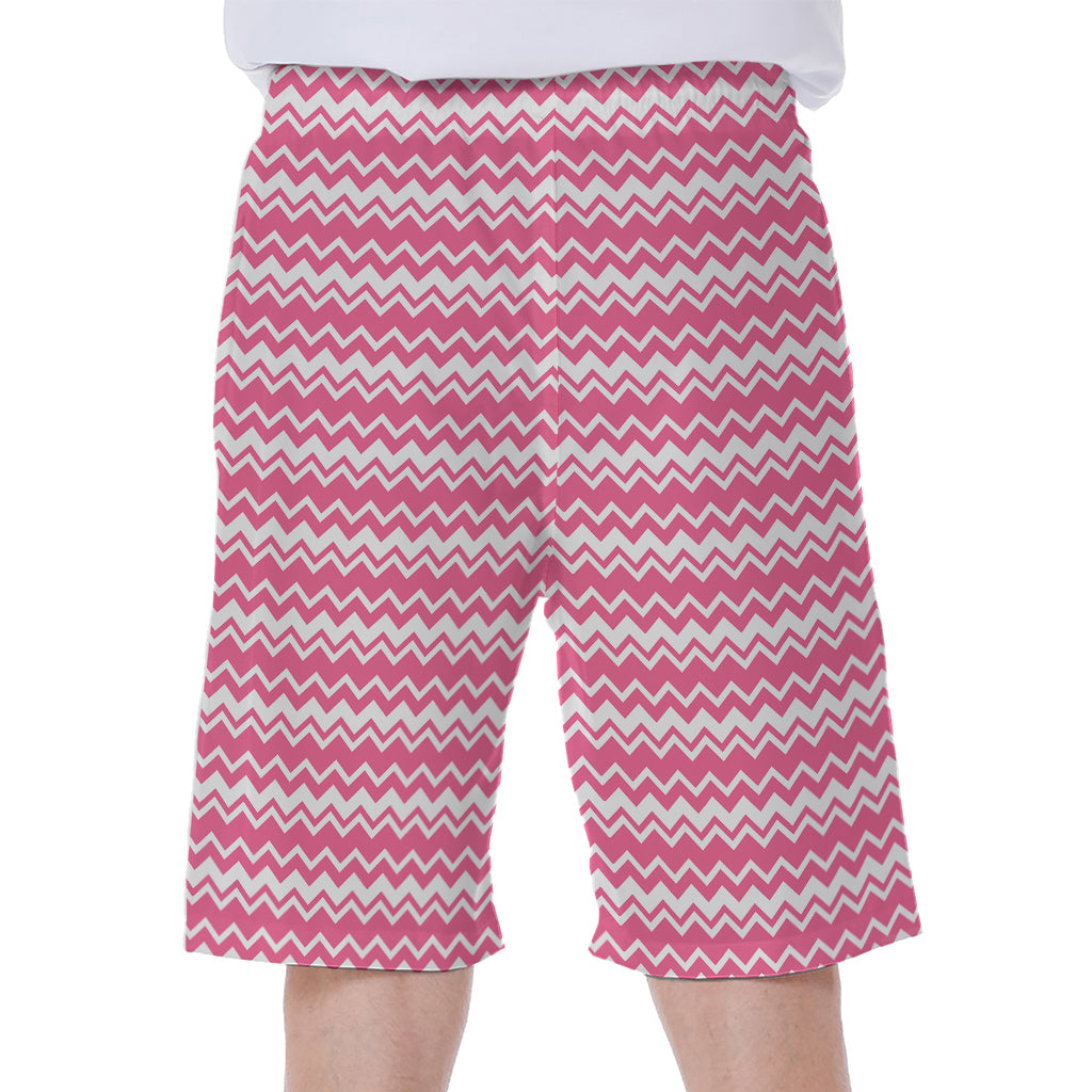 Pink And White Zigzag Pattern Print Men's Beach Shorts