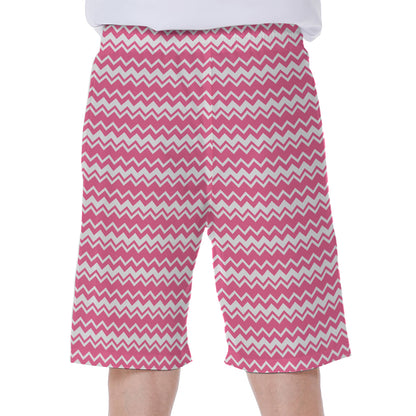 Pink And White Zigzag Pattern Print Men's Beach Shorts