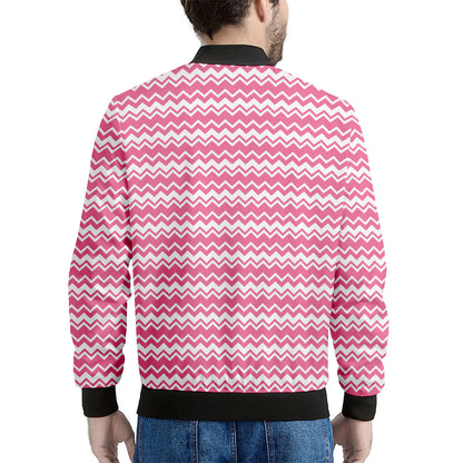 Pink And White Zigzag Pattern Print Men's Bomber Jacket