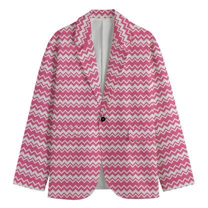 Pink And White Zigzag Pattern Print Men's Cotton Blazer