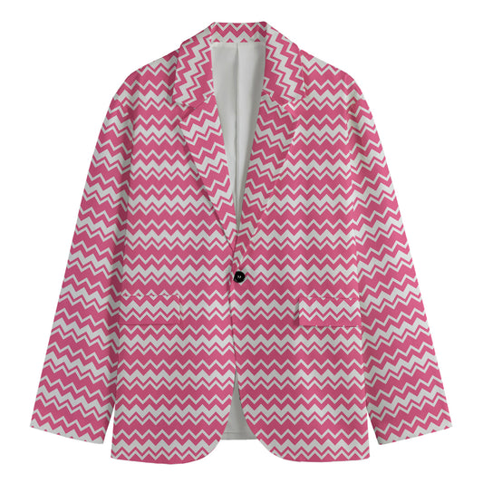 Pink And White Zigzag Pattern Print Men's Cotton Blazer