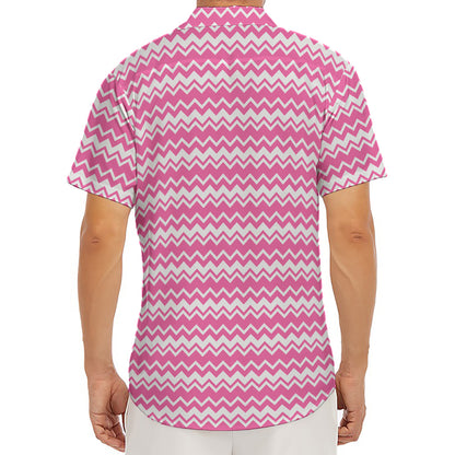 Pink And White Zigzag Pattern Print Men's Deep V-Neck Shirt