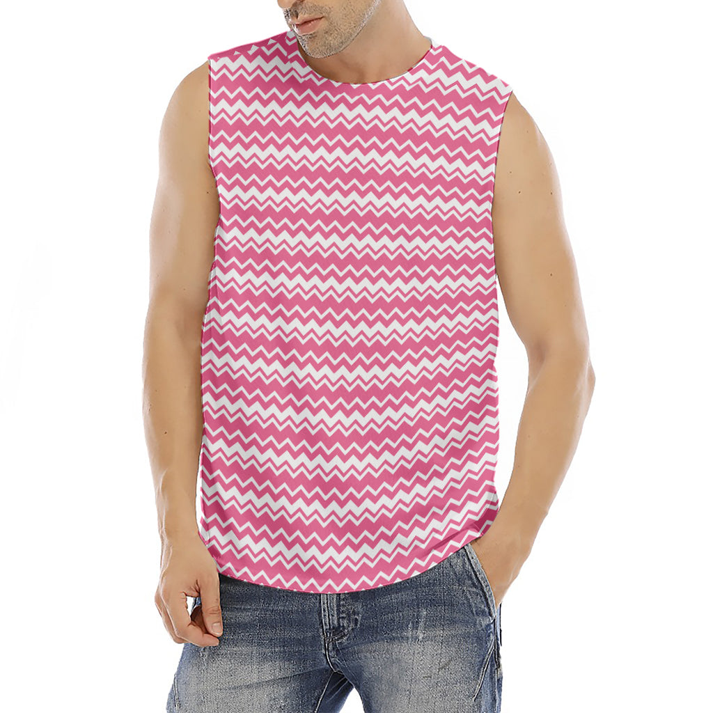 Pink And White Zigzag Pattern Print Men's Fitness Tank Top