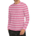 Pink And White Zigzag Pattern Print Men's Long Sleeve Rash Guard