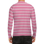 Pink And White Zigzag Pattern Print Men's Long Sleeve Rash Guard