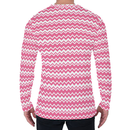 Pink And White Zigzag Pattern Print Men's Long Sleeve T-Shirt