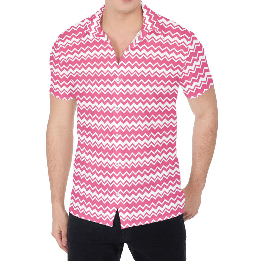 Pink And White Zigzag Pattern Print Men's Shirt